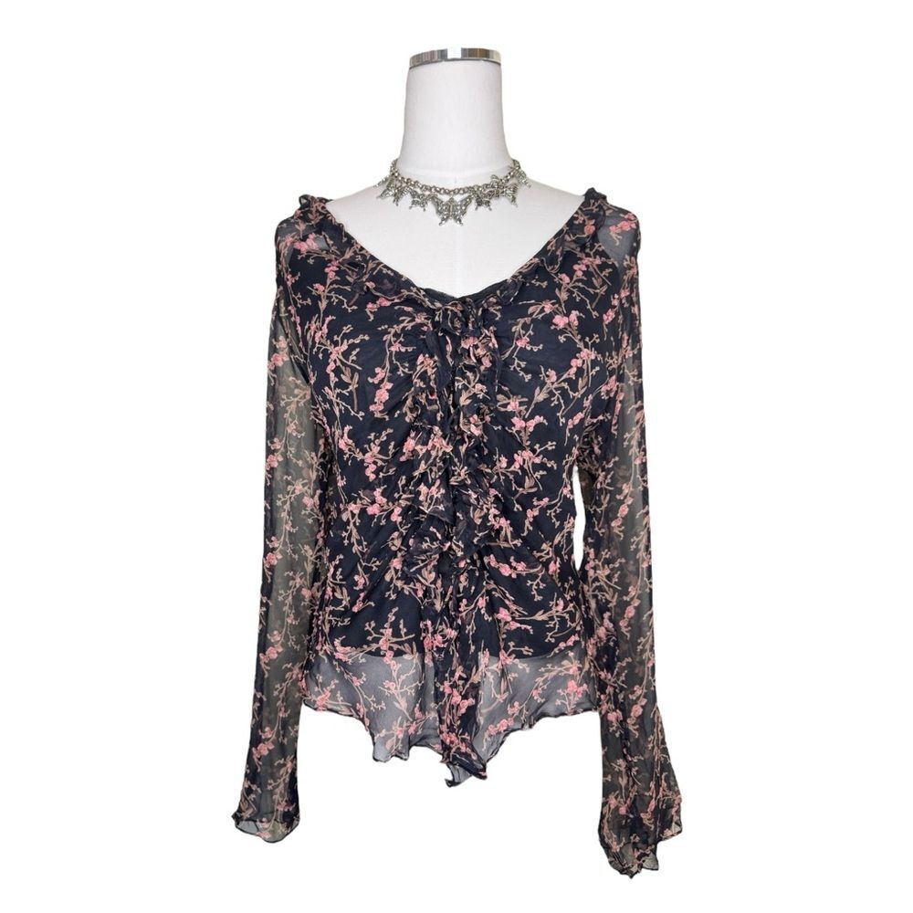 Y2K Vision Apparel Silk Black + Pink Beaded Tie Floral Sheer Blouse Size Large